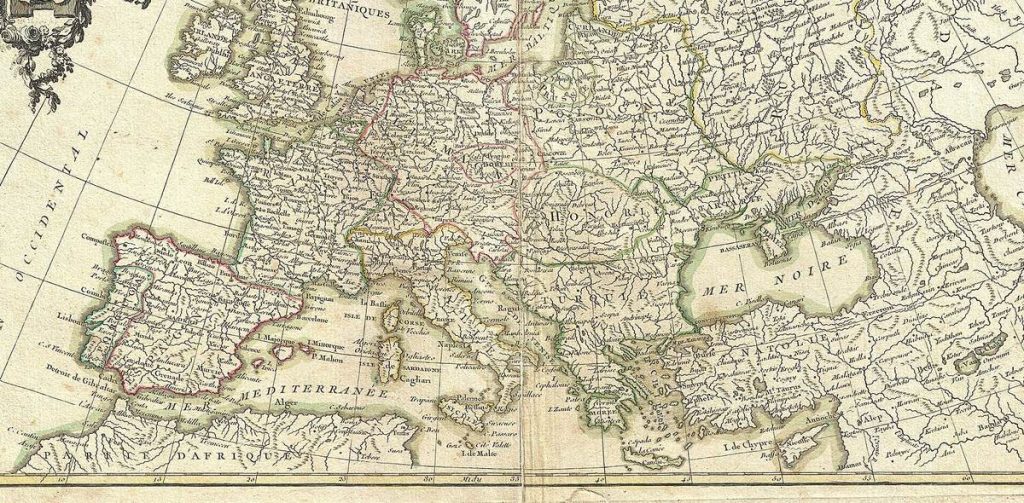Carte ancienne de l'Europe du Sud (1762) avec les noms de régions en français